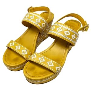 Tory Burch Reena Leather Platform Wedge Sandals Women's Size 9.5 M Yellow White